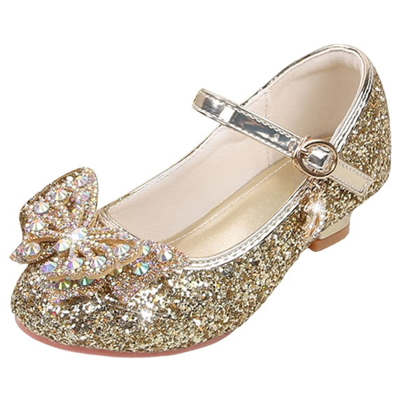 Quealent Girls Dress Shoes Wedding Party Heel Mary Jane Princess Flower Shoes (Toddler/Little Kid/Big Kid) Gold for Size 11.5