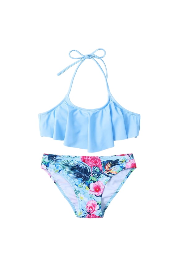 Girls Floral Printing Bathing Suits Ruffle Flounce Two Piece Swimsuits (Blue, 7-8 Years)