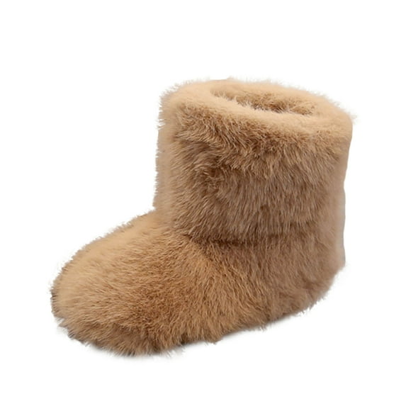 Quealent Girls Furry Boots,Kids Warm Plush Lining Furry Winter Boots for Toddler,Cozy Fluffy Snow Boots Khaki for Size 2