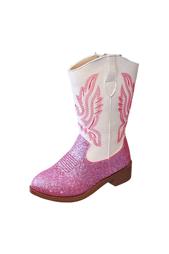 Toddler Little Boys Girls Cowboy Boots Kids Western Square Toe Riding Mid Calf Boots Light Pink for Size 2
