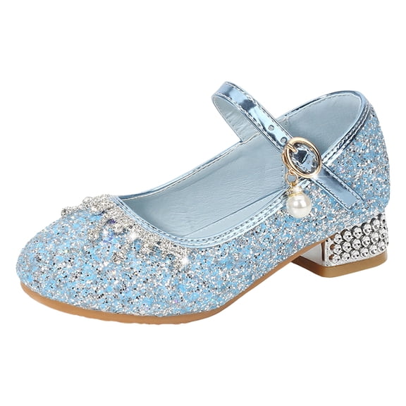 Quealent Girls Glitter High Heels Dress Shoes Sparkle Mary Jane Pumps Wedding Party Princess Shoes for Toddler Kids Blue for Size 12