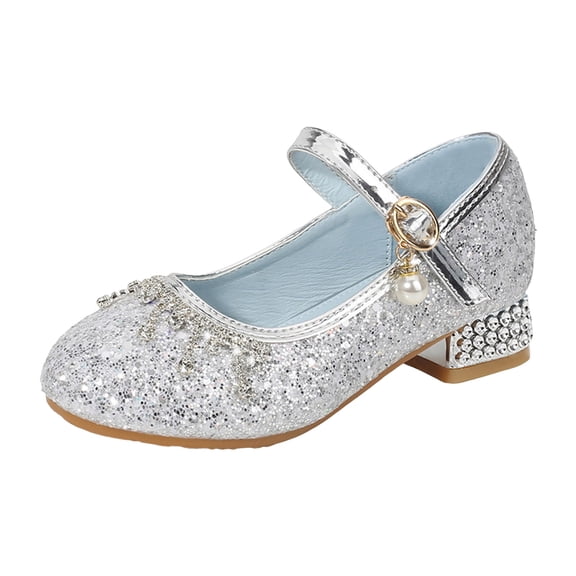 Quealent Girls Glitter High Heels Dress Shoes Sparkle Mary Jane Pumps Wedding Party Princess Shoes for Toddler Kids Silver for Size 12