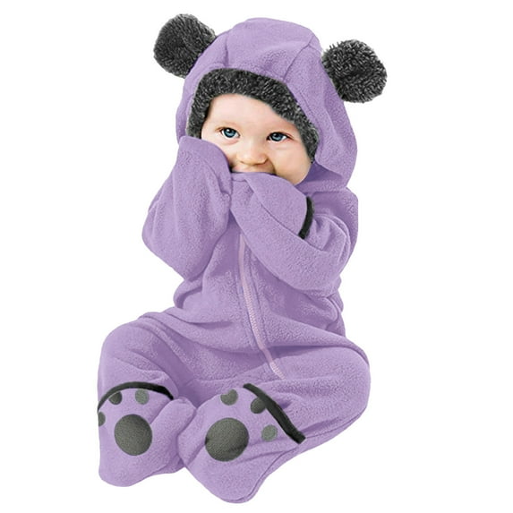 Quealent Winter Newborn Baby Boy Girl Solid Romper Unisex Infants Hooded Outfit Clothes Cotton Button Jumpsuits Purple,0-3 Months