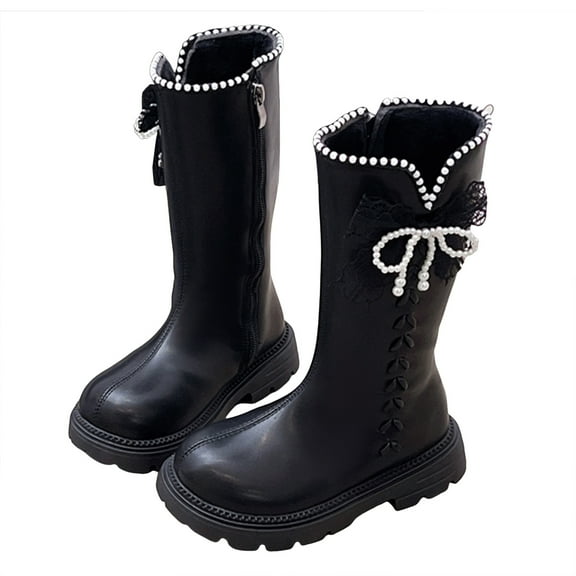 Quealent Girls' Knee High Riding Boots Cute Bow Riding Boots Non Slip Side Zipper Boots Tall Waterproof Winter Boots Black for Size 9