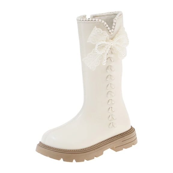 Quealent Girls' Knee High Riding Boots Cute Bow Riding Boots Non Slip Side Zipper Boots Tall Waterproof Winter Boots White for Size 11