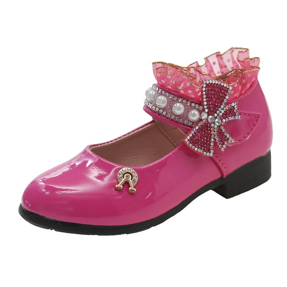 Quealent Girls Mary Jane Dress Shoes for Toddler Kids Flower Rhinestone Front Bow Ballerina Flat Hot Pink for Size 1.5