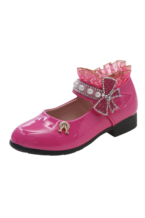 Girls Mary Jane Dress Shoes for Toddler Kids Flower Rhinestone Front Bow Ballerina Flat Hot Pink for Size 1