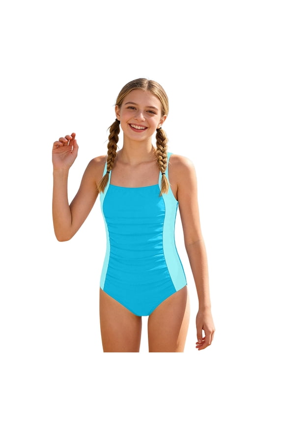 Girls One Piece Swimsuit with Adjustable Straps, Padded, Sun Protection & Quick Dry Bathing Suit 9-18Y (Blue, 13-14 Years)