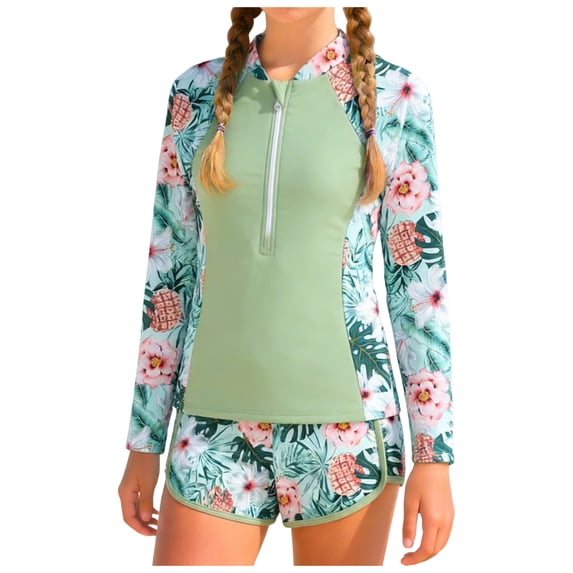 Quealent Girls Rash Guard Swimsuit 2 Piece Bathing Suit Long Sleeve Full Zip Tropical Print Boyshorts Beach Swimwear 9-16Y (Light Green, 9-10 Years)