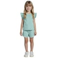 thumbnail image 1 of Quealent Girls Ribbed Outfit Set with Flutter Sleeve Top and Shorts, 2 Piece Summer Casual Wear (Green, 3-4 Years), 1 of 9