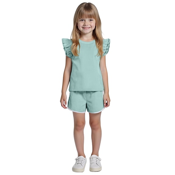 Quealent Girls Ribbed Outfit Set with Flutter Sleeve Top and Shorts, 2 Piece Summer Casual Wear (Green, 3-4 Years)