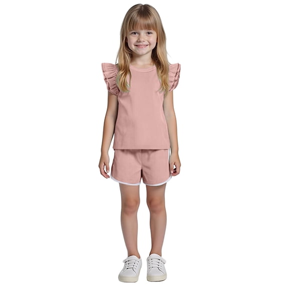 Quealent Girls Ribbed Outfit Set with Flutter Sleeve Top and Shorts, 2 Piece Summer Casual Wear (Pink, 4-5 Years)