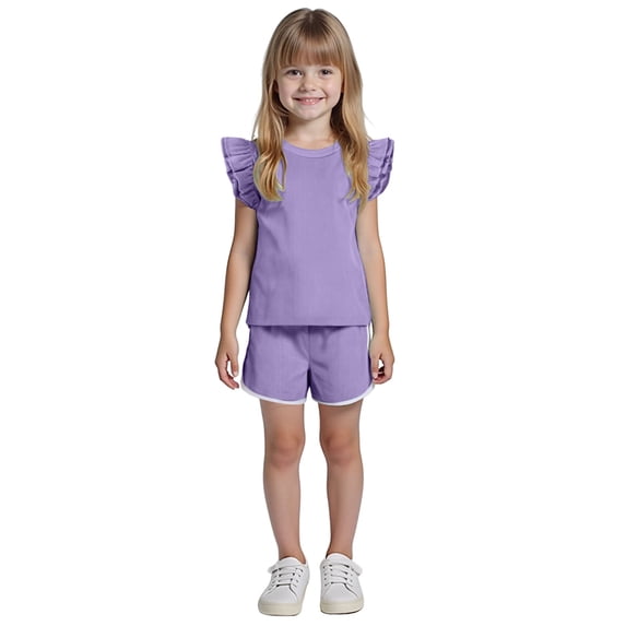 Quealent Girls Ribbed Outfit Set with Flutter Sleeve Top and Shorts, 2 Piece Summer Casual Wear (Purple, 18-24 Months)