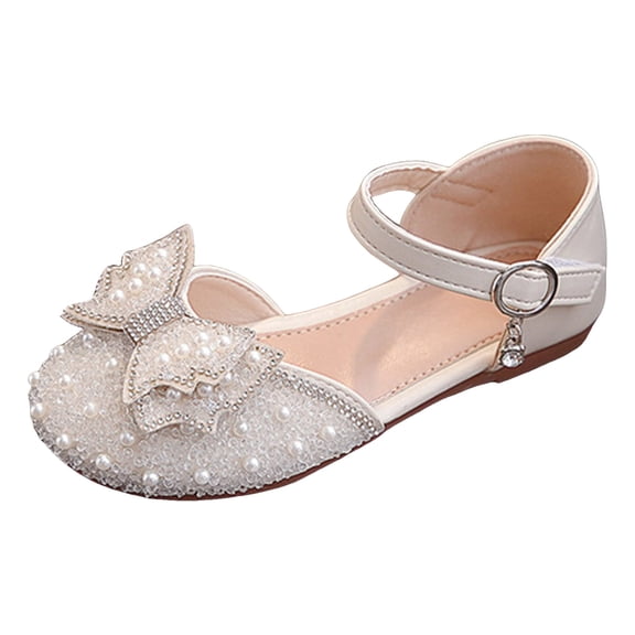 Quealent Girls Sandals Glitter Wedding Party Princess Dress Shoes Flower Girl Low Heel Mary Jane Pumps for Toddler/Little Kids White for Size 13