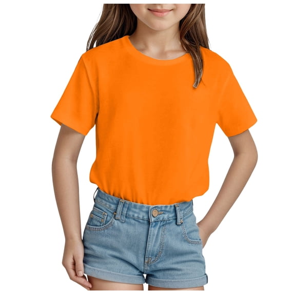 Quealent Girls Shirts Kids Raglan Short Sleeve T Shirts Summer Crewneck Oversized Crop Top Basic Tees (Orange, 5-6 Years)