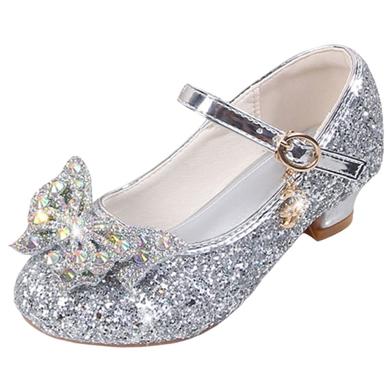Quealent Girls Shoes Sparkle Mary Jane Low Heel Princess Flower Wedding Party Dress Shoes Silver for Size 3