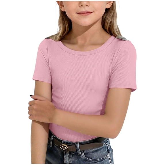 Quealent Girls Short Sleeve T-Shirts Kids Rib Knit Slim Fit Tops Summer Fashion Crewneck Tees 5-14 Years (Pink, 13-14 Years)