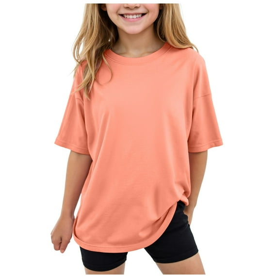 Quealent Girls Short Sleeve T Shirts Kids Summer Oversized Tops Casual Crewneck Basic Tees Orange for 9-10 Years