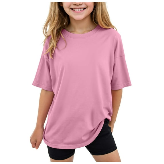 Quealent Girls Short Sleeve T Shirts Kids Summer Oversized Tops Casual Crewneck Basic Tees Pink for 1-2 Years