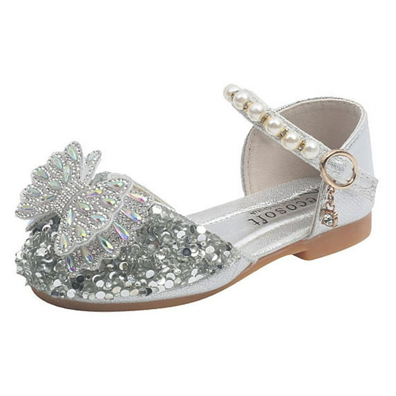 Quealent Girls Sparkle Princess Dress Shoes Bow Wedding Party Flower Bridesmaids Mary Jane Ballet Flats for Kid Toddler Silver for Size 2.5