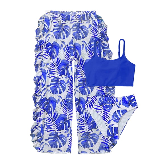 Quealent Girls Swimsuit, 3 Piece Bikini Bathing Suit Tropical Floral Swimwear with Cover Up Pants 7-16Y Blue for Size 12-13 Years