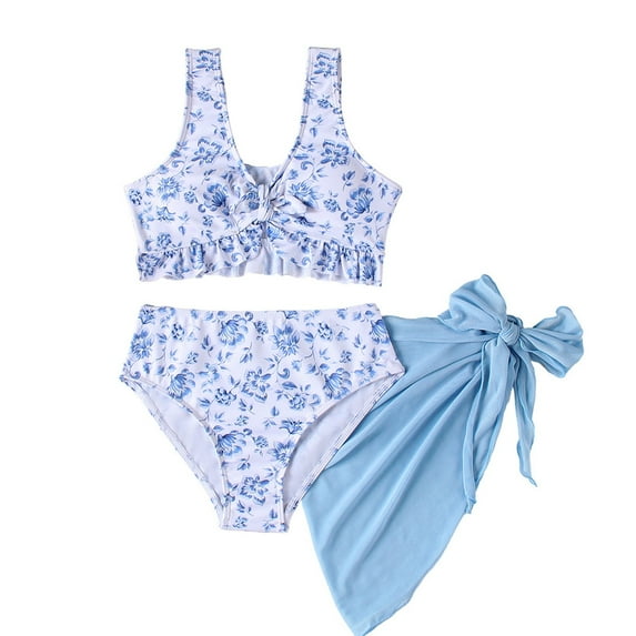 Quealent Girls Swimsuit 3 Piece Tropical Floral Print Bikini Set with Skirt Beach Swimwear Cute Bathing Suit Boho Swimsuit Trendy Blue for 10-11 Years