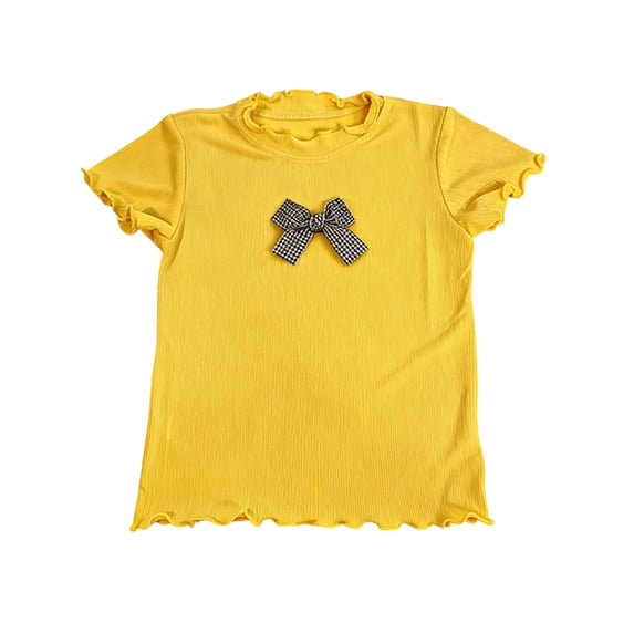 Quealent Girls T Shirts Double Layer Ruffle Short Sleeve Kids Summer Crewneck Tunic Tee Tops 5-14 Years (Yellow, 5-6 Years)