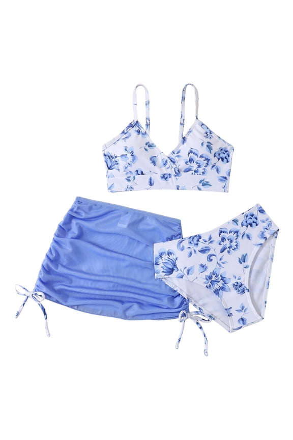Girls Three Piece Bikini Mesh Swimsuit Set Comfortable Breathable And Stylish Swimming Suit For Girls 13-14 Years Blue (Blue, 13-14 Years)