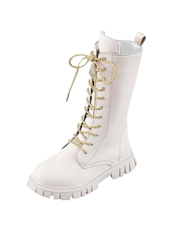 Girls White Lace-Up Combat Boots with Side Zipper, Knee-High Lug Sole Dress/School Boots – Toddler/Little/Big Kids White for Size 12