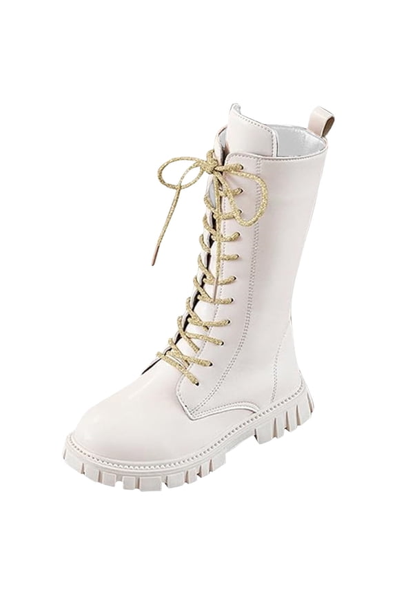 Girls White Lace-Up Combat Boots with Side Zipper, Knee-High Lug Sole Dress/School Boots – Toddler/Little/Big Kids White for Size 2.5