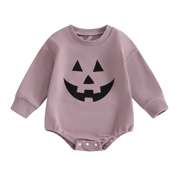 Quealent Halloween Newborn Baby Boy Outfit Long Sleeve Sweatshirts Rompers Pumpkin Face Patch Infant Fall Winter Clothes (Purple, 0-3 Months)
