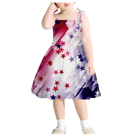 Quealent Independence Day for Girls Dress Fourth of July Kids Outfits Girls American Flag Stars Stripes Midi Tank Dress Beige,8-9 Years
