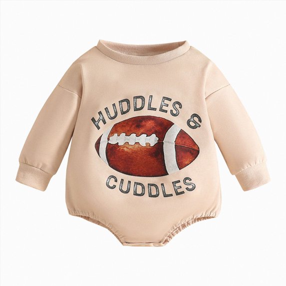 Quealent Infant Baby Boy Game Day Outfit One Piece Football Romper Newborn Long Sleeve Onesie Winter Clothes (Beige, 12-18 Months)