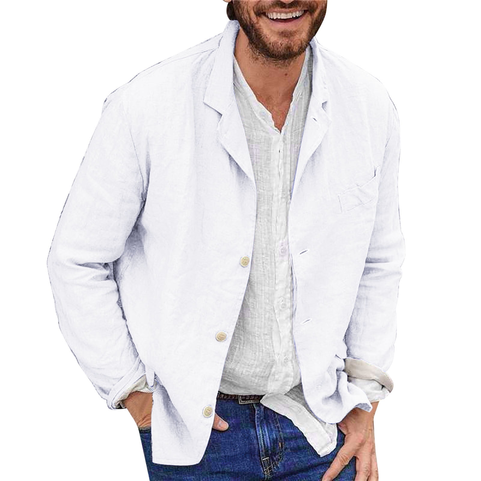 Quealent Jackets for Men Fashion Zip Up Jacket Men s Slim Fitting Linen Jacket Cotton Lightweight Button Blazer Casual Sport Button Down Coat Lightweight Work Shacket White 2XL Walmart