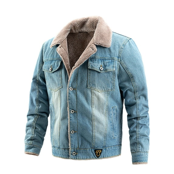 Quealent Jean Jacket Men Rain Jacket Men Winter Sherpa Lined Denim Jacket Windbreaker Trucker Jacket Jean Jacket Winter Button Down Fur Lapel Coat Blue,3XL