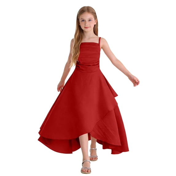 Quealent Spaghetti Straps Junior Bridesmaid Dresses A Line Chiffon Flower Girl Dress Ruffles Girls Formal Dresses (Red, 9-10 Years)