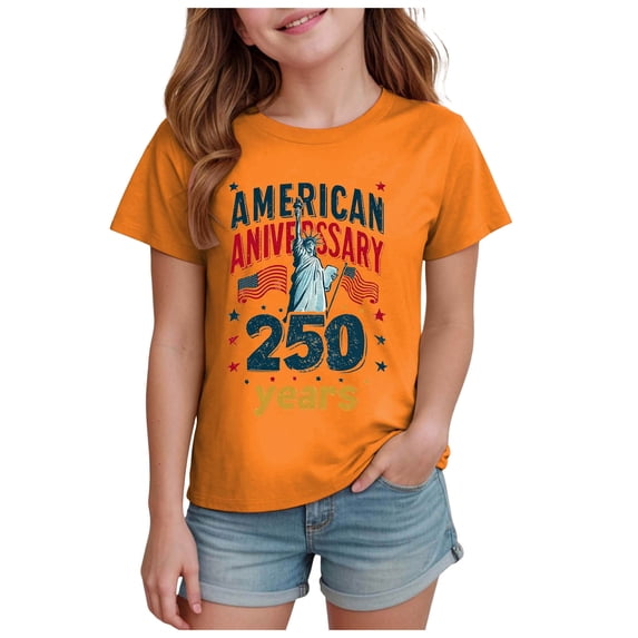 Quealent Kids 250 Anniversary USA Shirts 250 Year American Flag Tshirt Boys and Girls Happy 250th Tee 4th of July Tops (Orange, 3-4 Years)