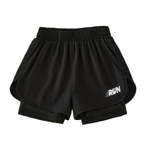 Quealent Kids Boys 2 in 1 Swim Trunks Running Athletic Shorts with Built-in Compression Shorts Summer Beachwear Black for Size 9-10 Years