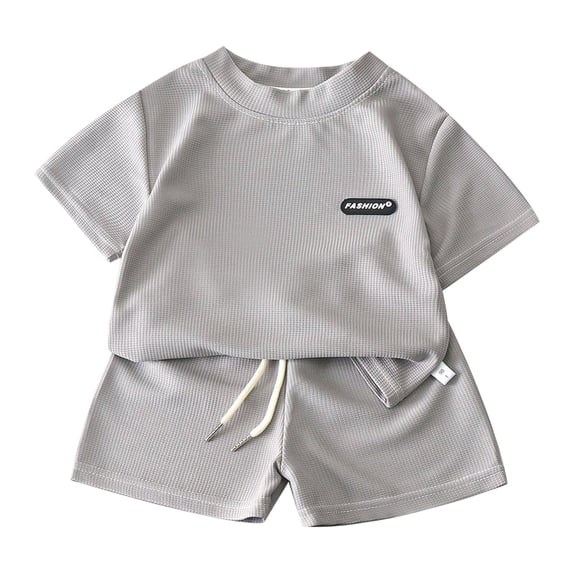 Quealent Kids Boys Short Sets Waffle Two Piece Outfits Summer Short Sleeve T-Shirt Tops Drawstring Elastic Waist Shorts Matching Sets (Grey, 13-14 Years)