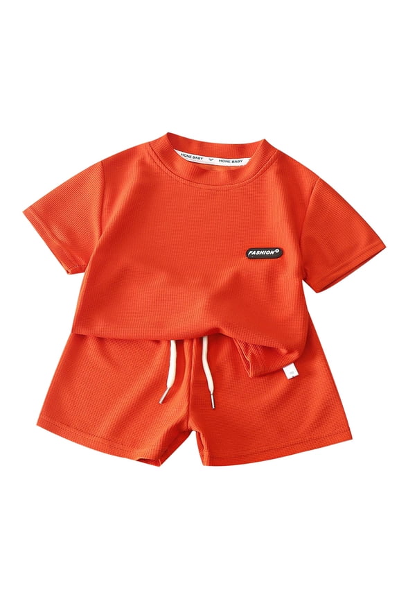 Kids Boys Short Sets Waffle Two Piece Outfits Summer Short Sleeve T-Shirt Tops Drawstring Elastic Waist Shorts Matching Sets (Red, 7-8 Years)
