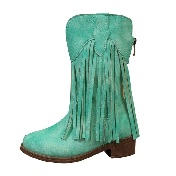 Quealent Kids Cowboy Boots Tassel Mid Calf Girls Cowgirl Boots Unisex Little Big Kids Western Riding Shoes Green for Size 12