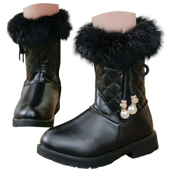 Quealent Kids Girls Boys Winter Warm Boots Girl's Warm Winter Boots Waterproof Boot PU Leather Non-slip Black for Size 11.5