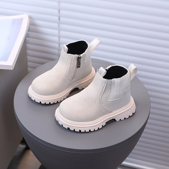 Quealent Kids Girls Winter Round Toe Zipper Chunky Chelsea Ankle Boots Low Heel Slip On Dress Booties (Toddler/Little Kid) Beige for Size 12