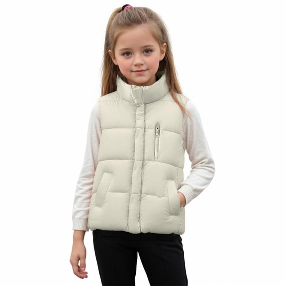 Quealent Kids Puffer Vest Sleeveless Zip Up Stand Collar Quilted Jacket Boys Girls Down Winter Coat (Beige, 8-9 Years)