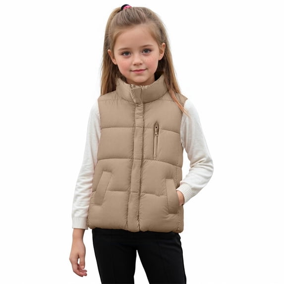 Quealent Kids Puffer Vest Sleeveless Zip Up Stand Collar Quilted Jacket Boys Girls Down Winter Coat (Khaki, 10-12 Years)