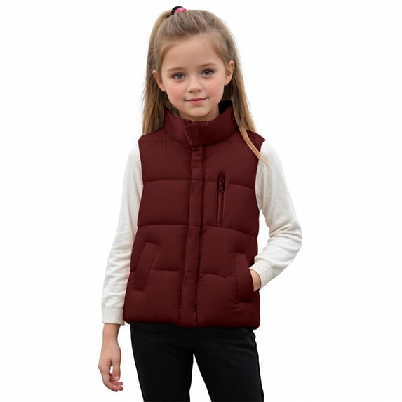 Quealent Kids Puffer Vest Sleeveless Zip Up Stand Collar Quilted Jacket Boys Girls Down Winter Coat (Wine, 10-12 Years)