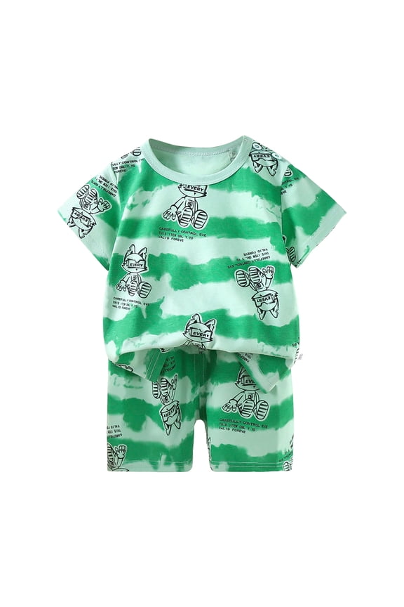Kids Toddler Boy Clothes Outfits Bear Print Tee + Plaid Shorts 2 Pieces Summer Shorts Set (Light Green, 18-24 Months)