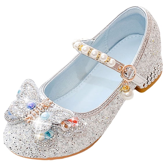 Quealent Kids Toddler Girls Dress Shoes Pumps Low Heels Sparkling Flower Mary Jane Footwear for Party Prom Wedding Birthday Silver for Size 1
