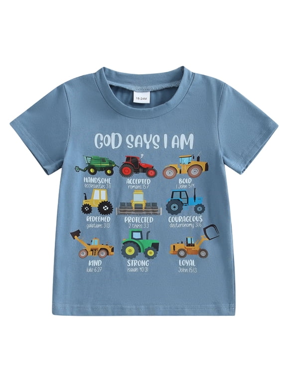 Kids Toddler Little Boys T-Shirt God Says I Am Construction Bible Verse Truck Excavator Tractor Shirt 2-7 Years (Navy, 5-6 Years)