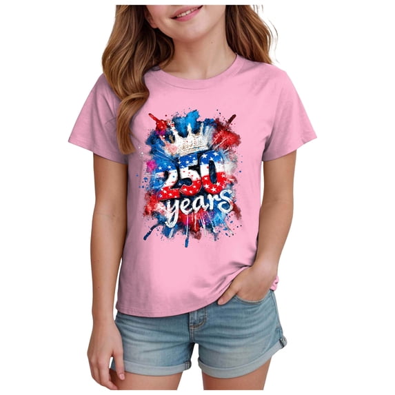 Quealent Kids Toddler Little Girls 250 Years Anniversary USA Shirt 250th Birthday 4th of July T-Shirt Patriotic Top (Pink, 9-10 Years)